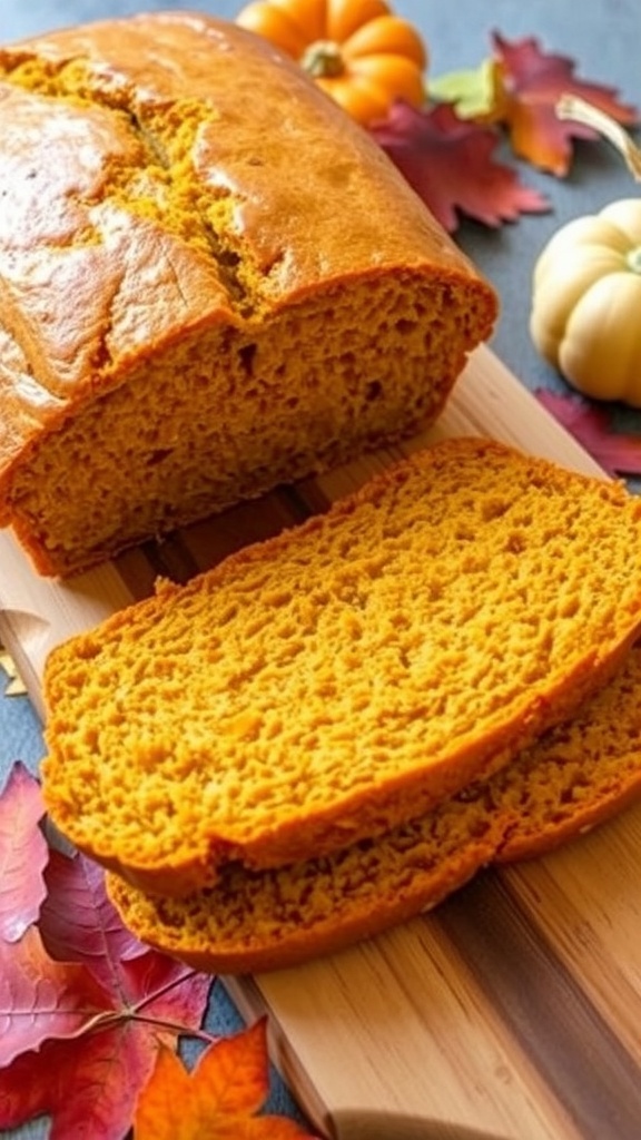 Vegan Pumpkin Yeast Bread Recipe A loaf of vegan pumpkin yeast bread, sliced to show its soft texture, on a wooden board with autumn decorations.